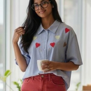 Vintage ♥️ Hearts Patches & Embroidery Button Down Chambray Shirt